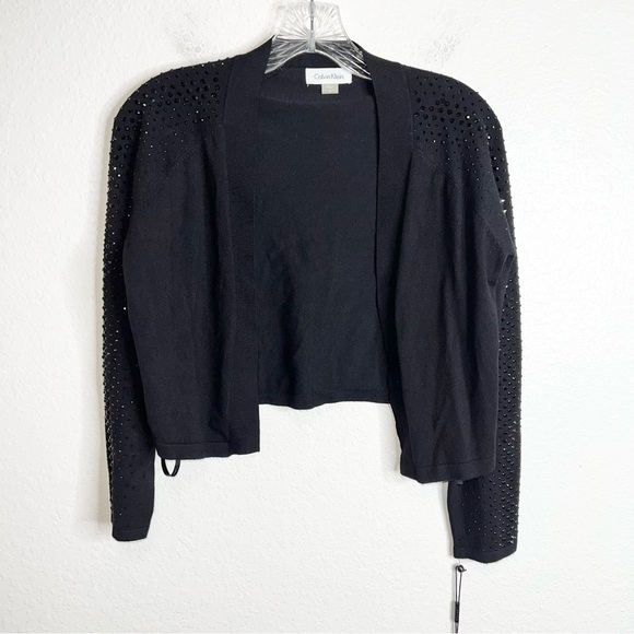 Calvin Klein Cardigan Women Medium Sweater Black Knit Crop Studded Open Front b2 - Picture 1 of 8